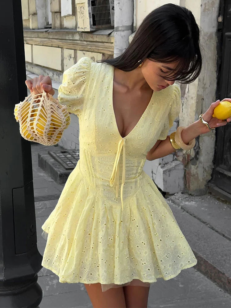 Yellow Tie-Up Puff Sleeve Mini Dress - Office Lady Slim Fit