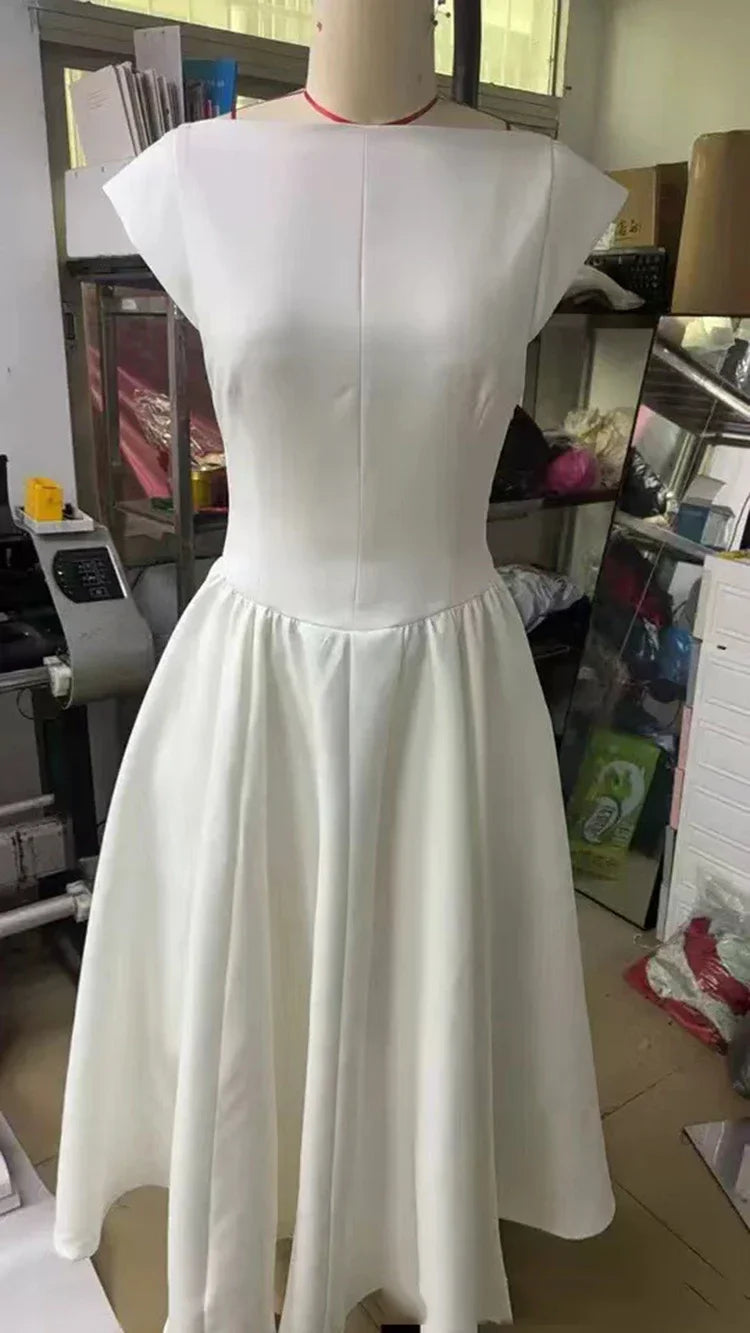 Solid Short Sleeve Flare High Neck Midi Dress
