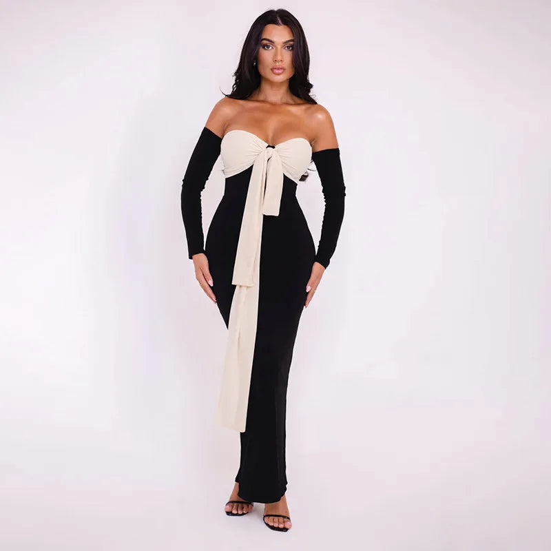 Black Patchwork Tie Up Off-shoulder Maxi Dress
