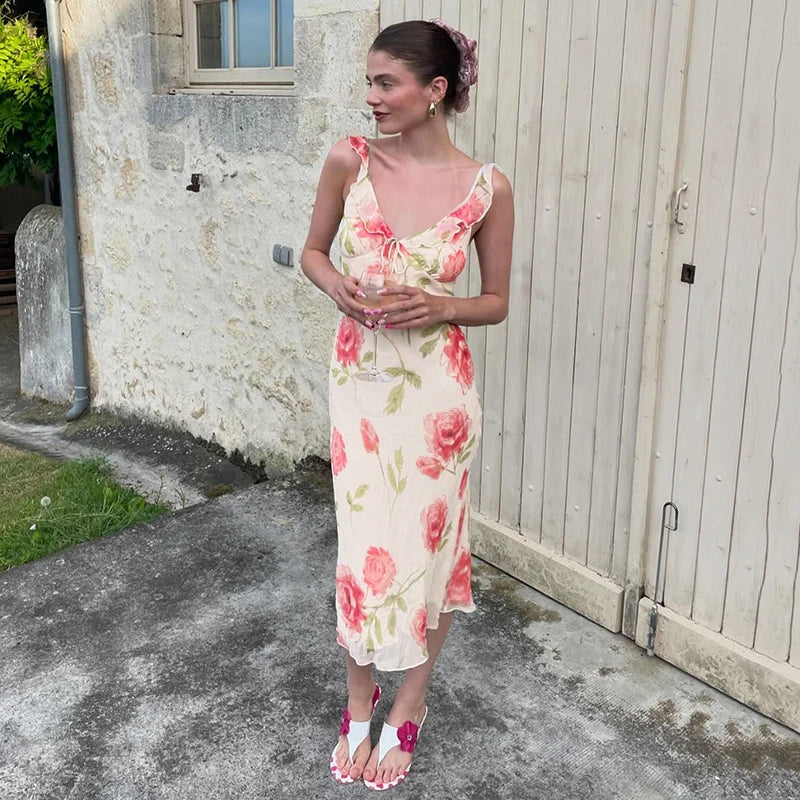 White Printed Ruffles Trim Maxi Dress