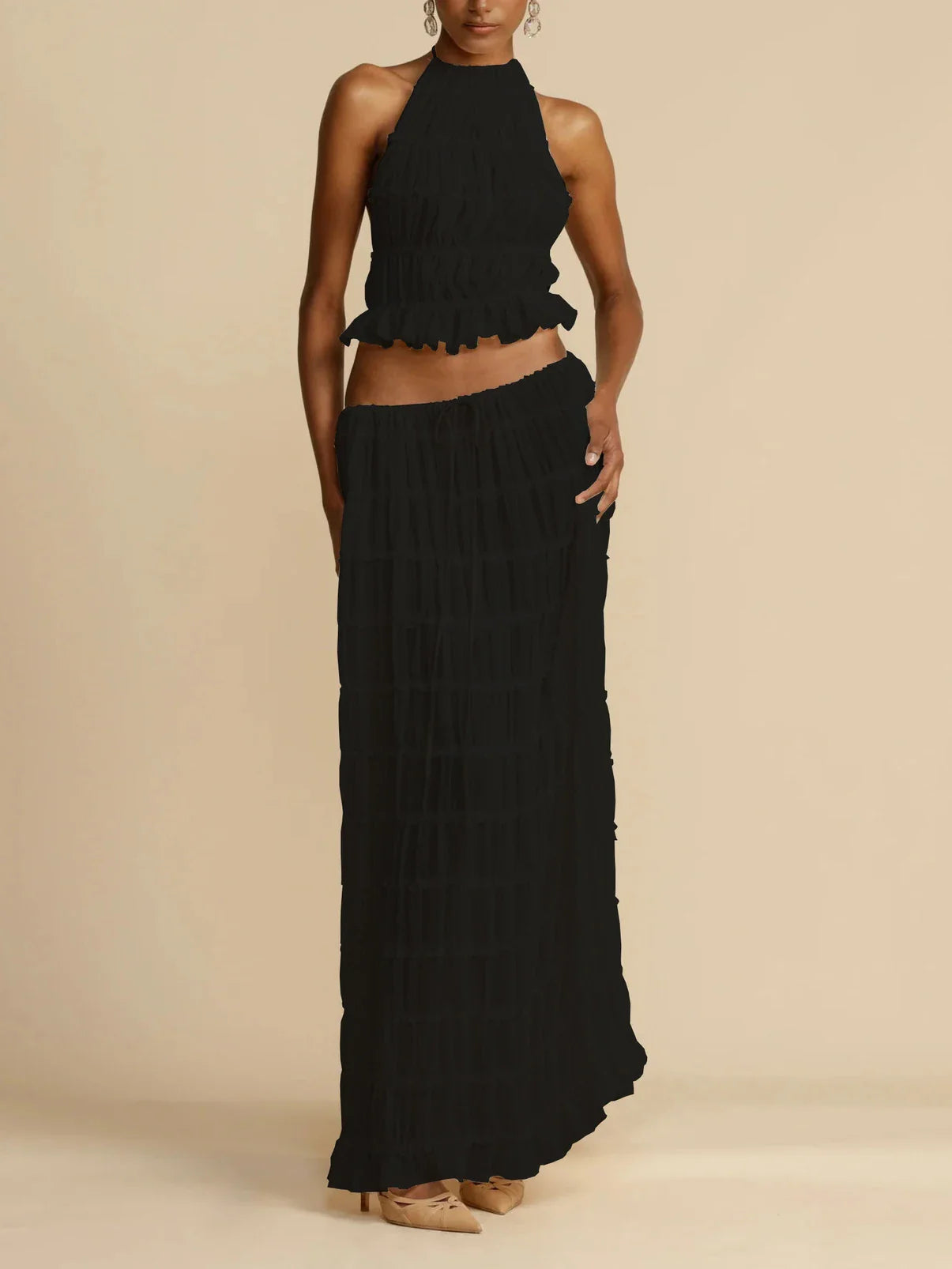 Halterneck Ruched Open Back Tie Up Top And Maxi Skirt Set