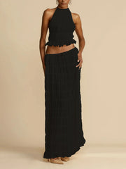 Halterneck Ruched Open Back Tie Up Top And Maxi Skirt Set