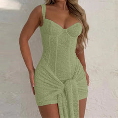 Lace Sheer Bandage Tie Up Mini Dress