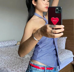 Blue Striped Halter Tie Detail Top