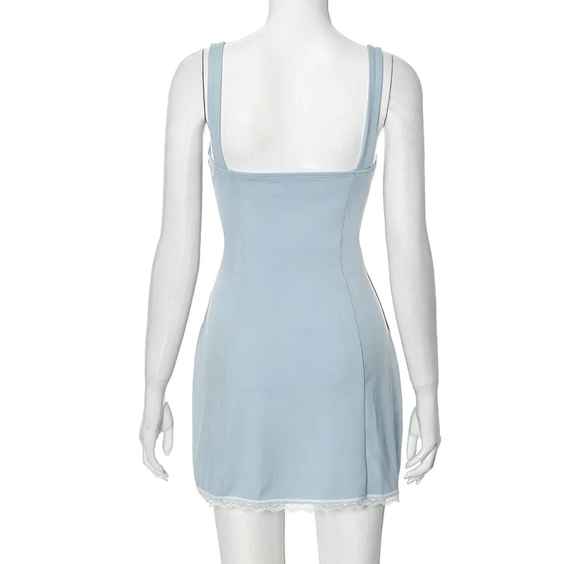 Blue Square Neck Strap Mini Dress