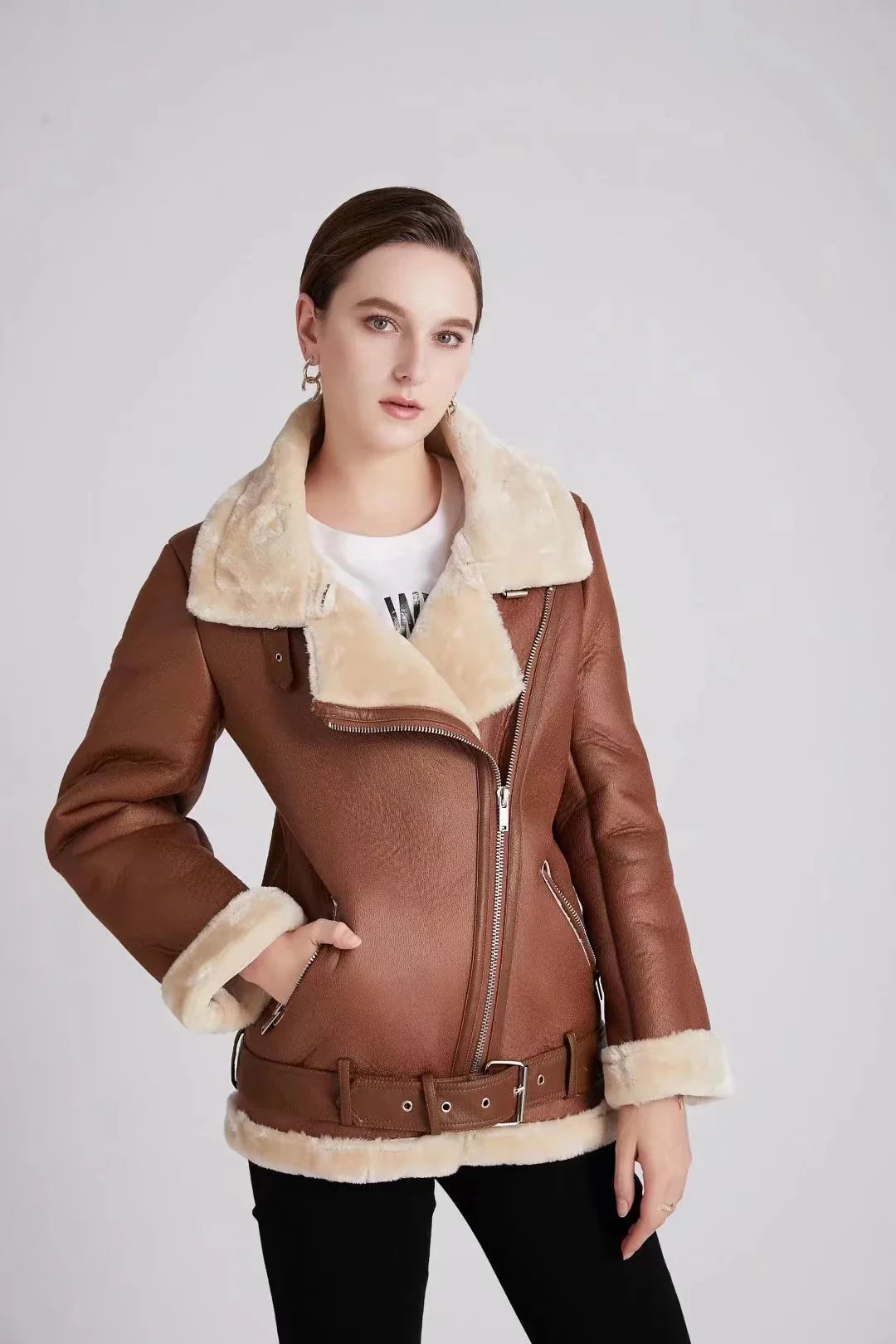 Faux Leather Double-Sided Zipper Biker Jacket