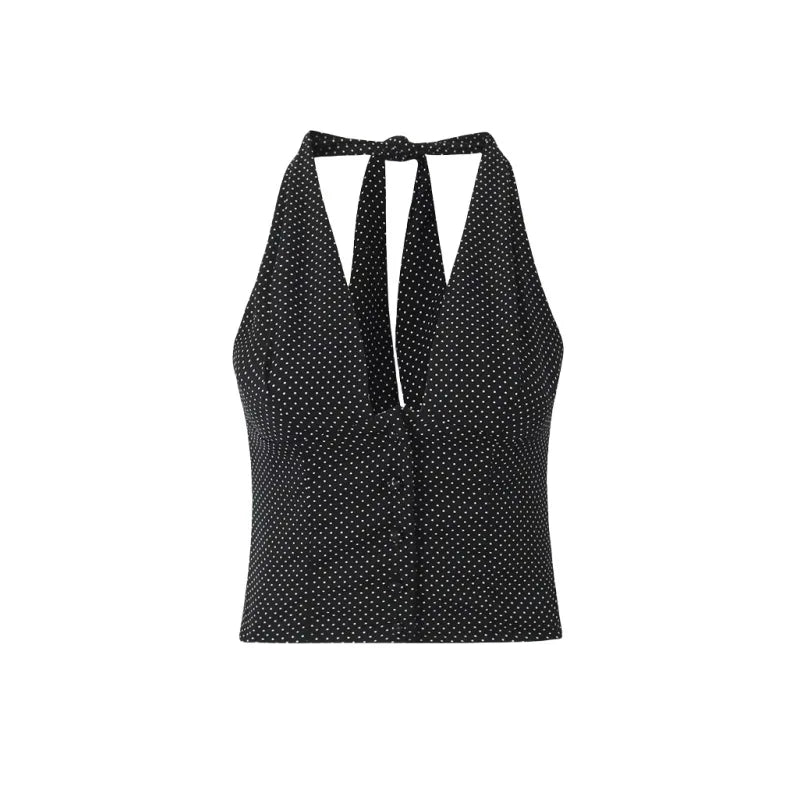 Black Polka Dot Halter Crop Top And Mini Skirt Set