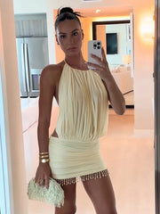 Tassel Halter Pleated Open Back Mini Dress