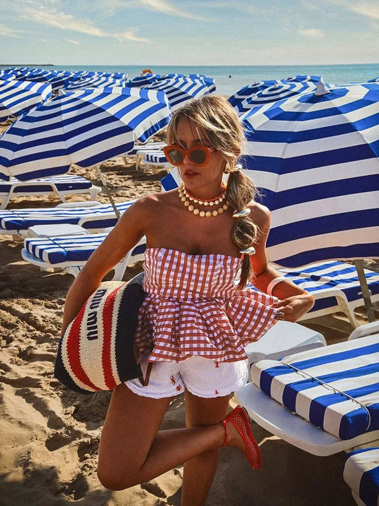 Red And White Checkered Print Strapless Top