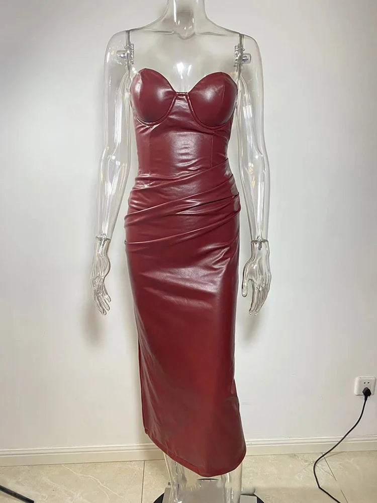 Burgundy Strapless PU Leather Maxi Dress