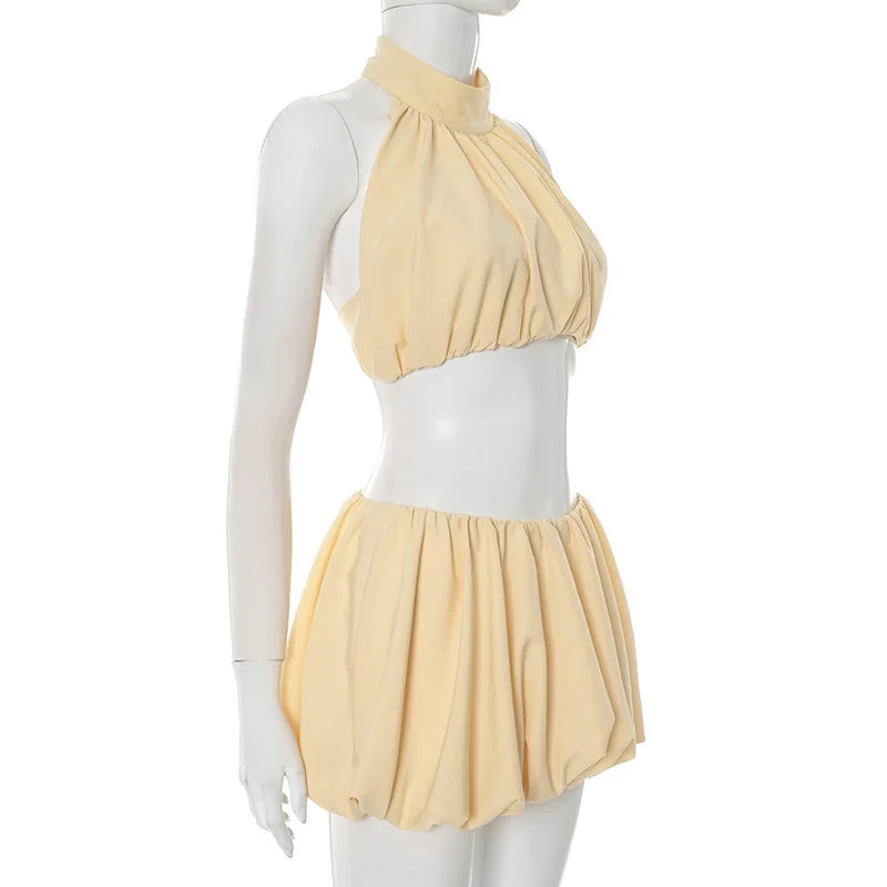 Yellow Puff Halter Crop Top And Mini Skirt Set