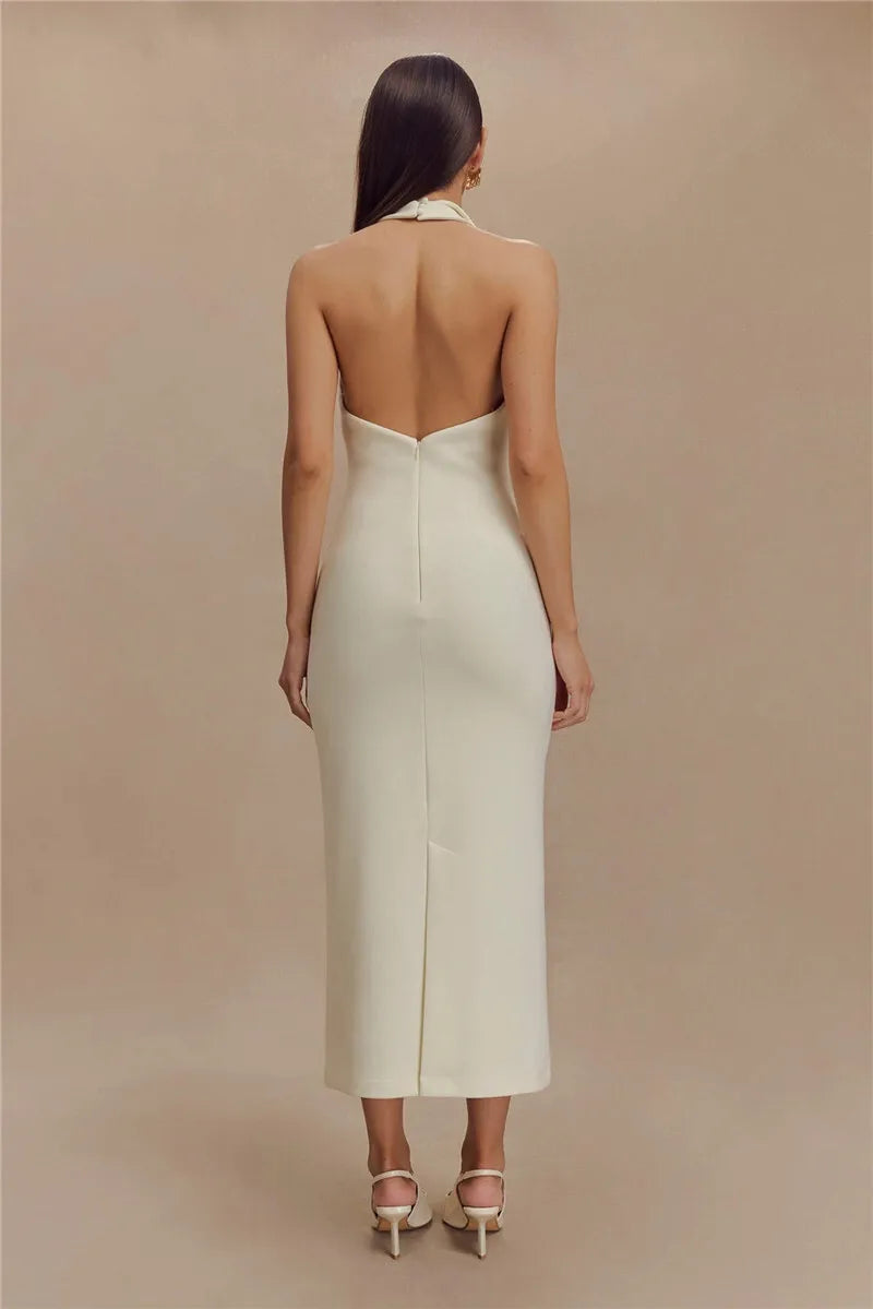 Deep Neck Large Collar Buttoned Halter Midi Dress
