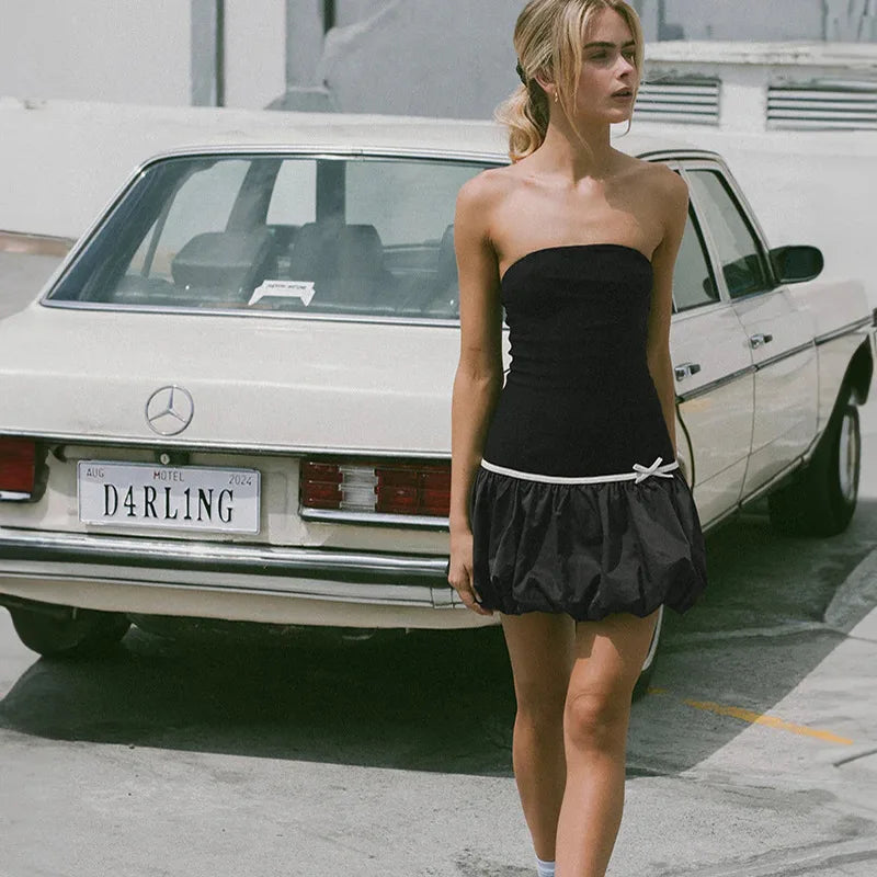 Black Puff Strapless Mini Dress