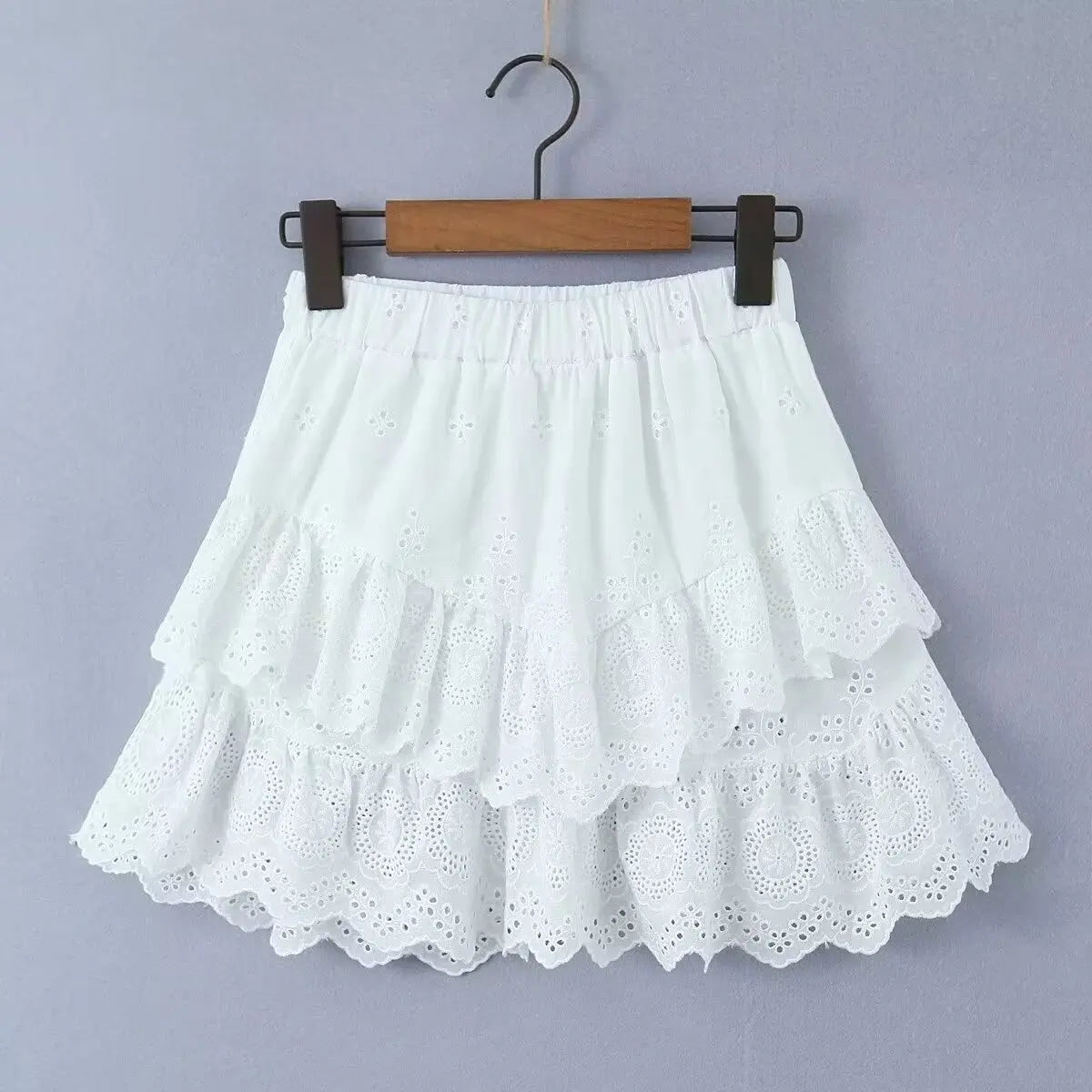 White Ruffles Embroidery Elastic Waist Mini Skirt