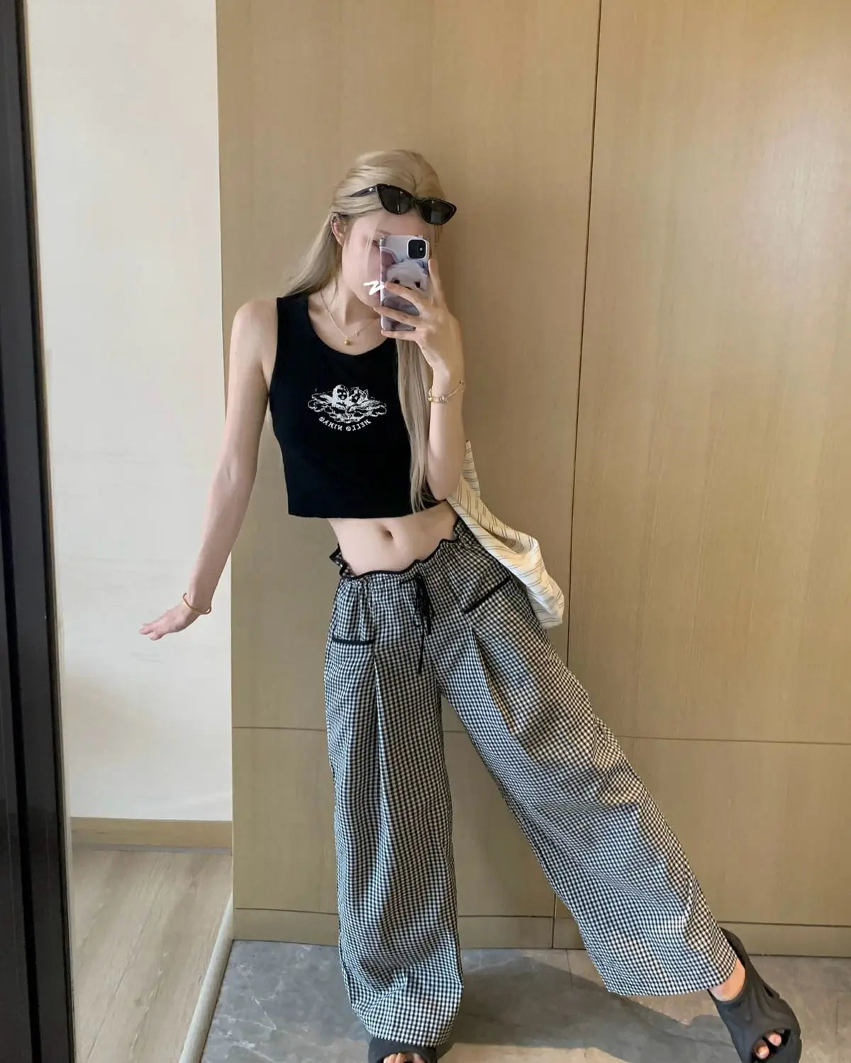 Black Plaid Drawstring Wide Leg Palazzo Pants