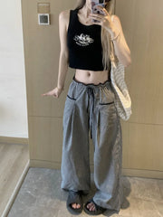 Black Plaid Drawstring Wide Leg Palazzo Pants