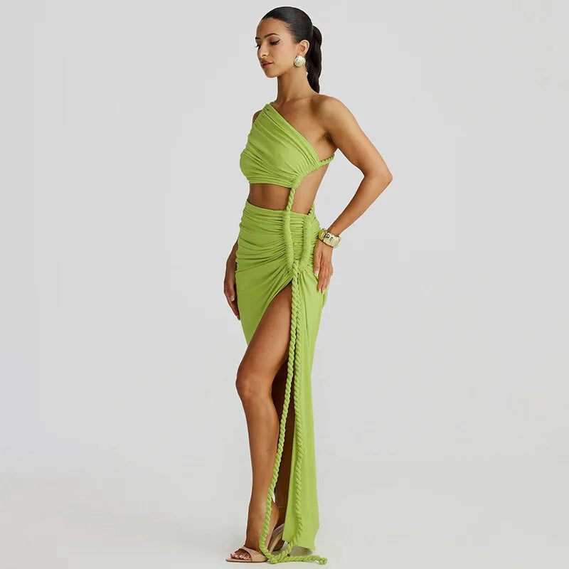 Cut Out Rope Design One Shoulder Slit Midi Dress