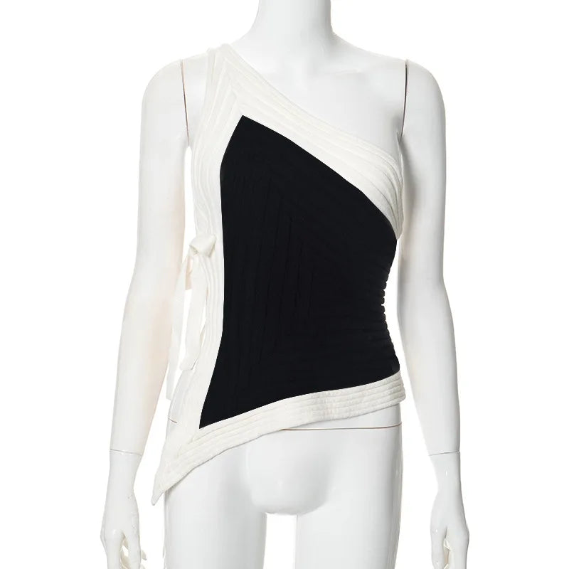 Black and White Color Block Asymmetrical One Shoulder Top