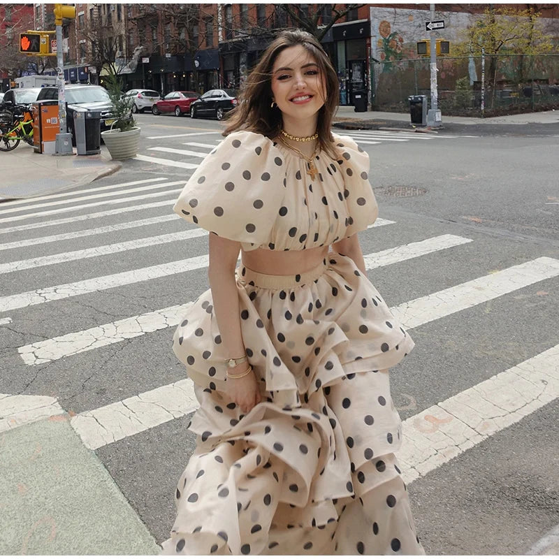Polka Dot Bubble Sleeve Top And Ruffles Maxi Skirt Set