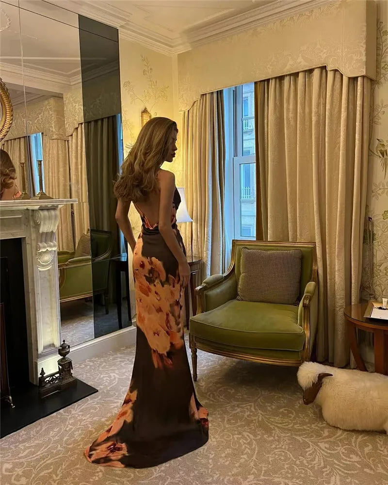 Brown Satin Floral Print Maxi Dress