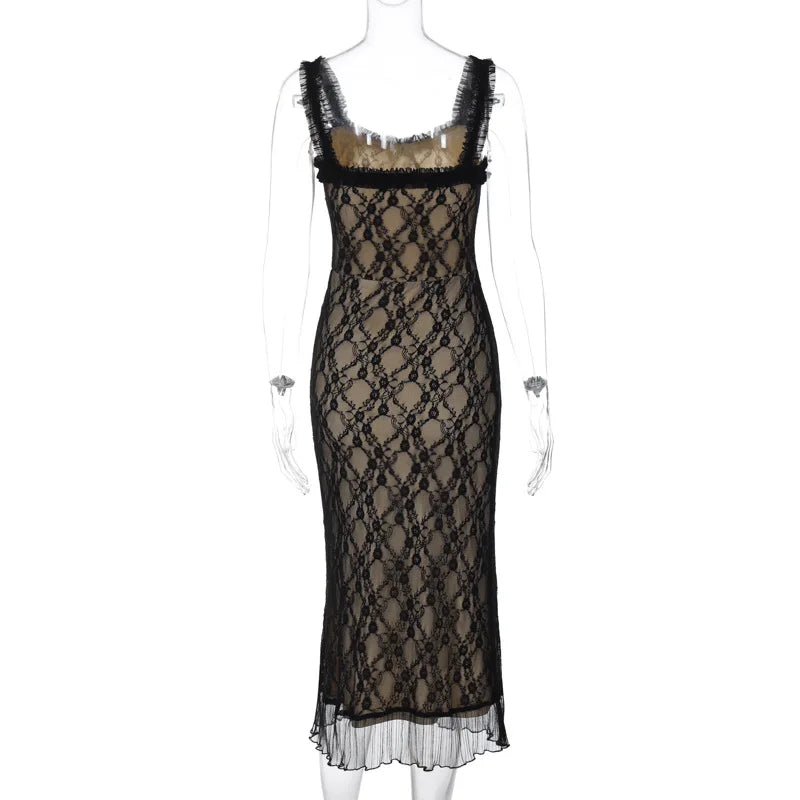 Black Lace Layered Midi Dress