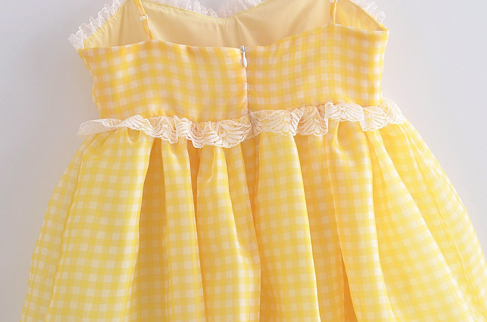 Yellow Plaid Puff Babydoll Mini Dress