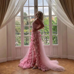 Strapless 3d Flower Tulle Shawl Gown