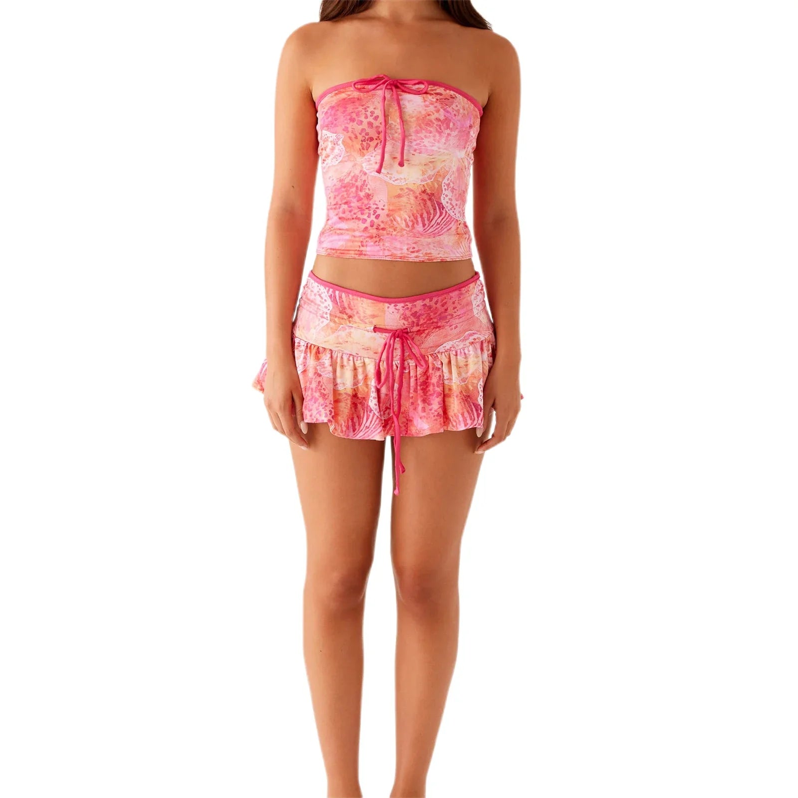 Printed Drawstring Tube Top And Mini Skirt Set