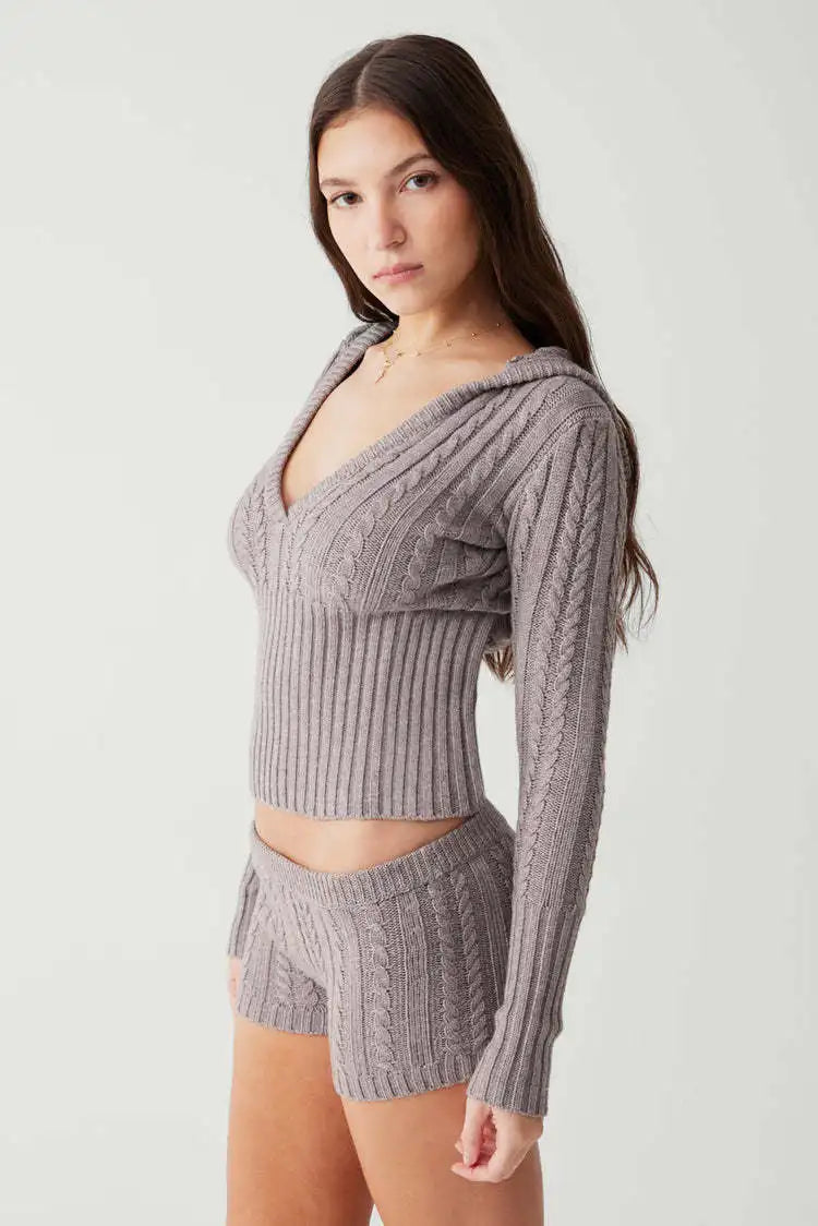 Long Sleeve Knitted V-Neck Hooded Sweater And Shorts Set