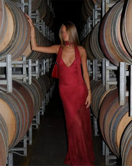 Red Polka Dot Drape V-neck Maxi Dress