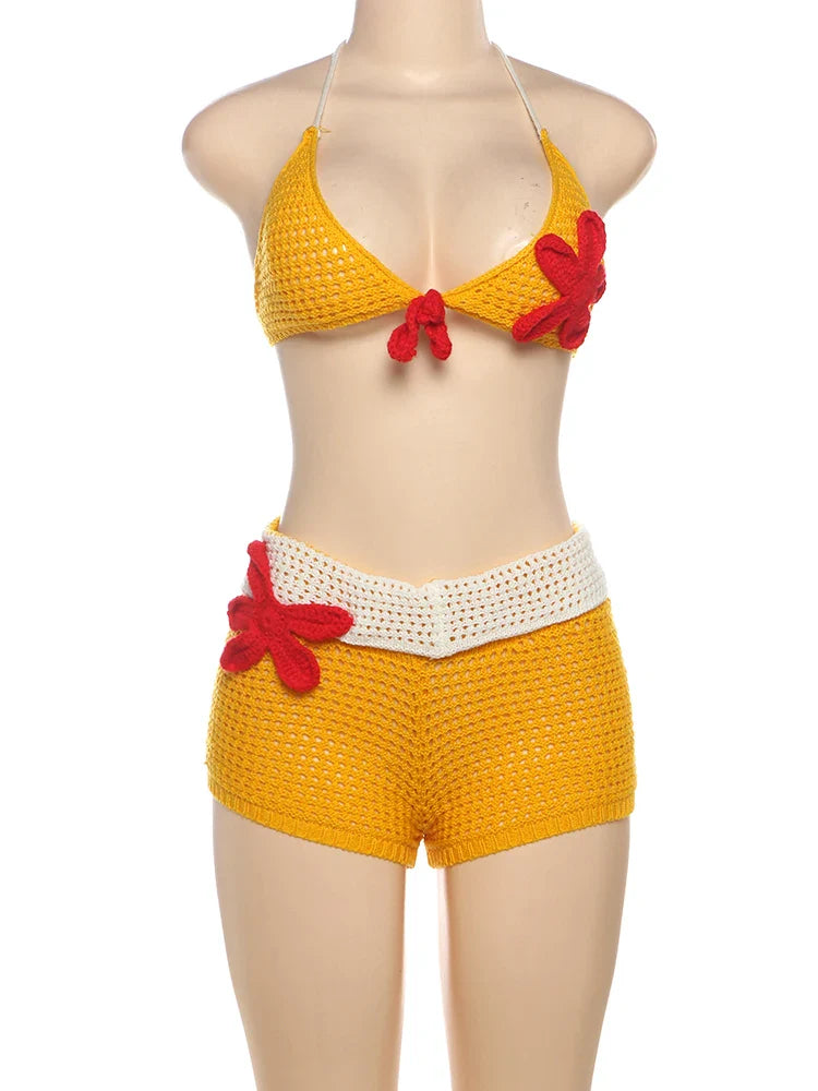 Yellow Crochet Bikini And Shorts Set