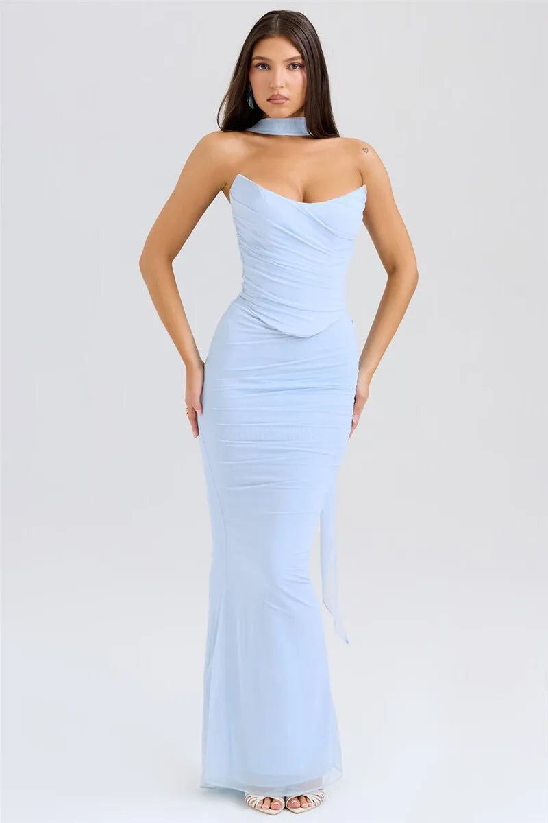 Corset And Bodycon Maxi Skirt With Neckerchief Set