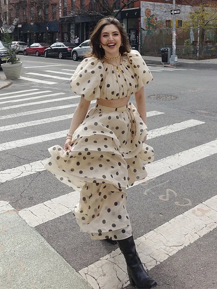 Polka Dot Bubble Sleeve Top And Ruffles Maxi Skirt Set