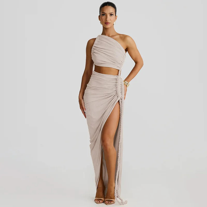 Cut Out Rope Design One Shoulder Slit Midi Dress