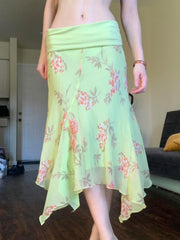 Green Printed Fringe Midi Skirt