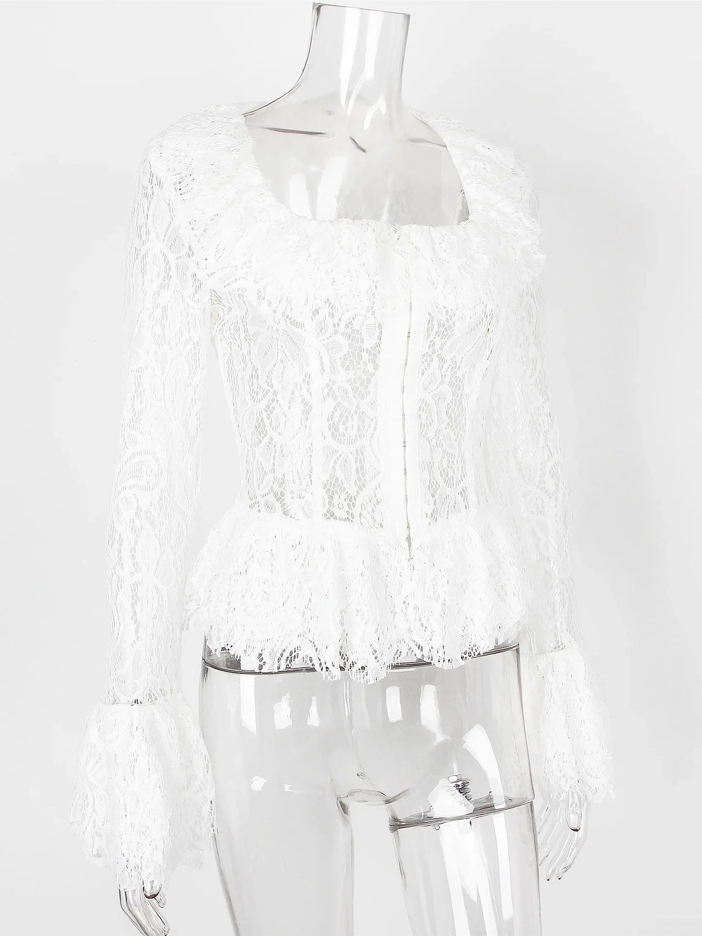 White Lace Frill Sheer Long Sleeve Corset Top