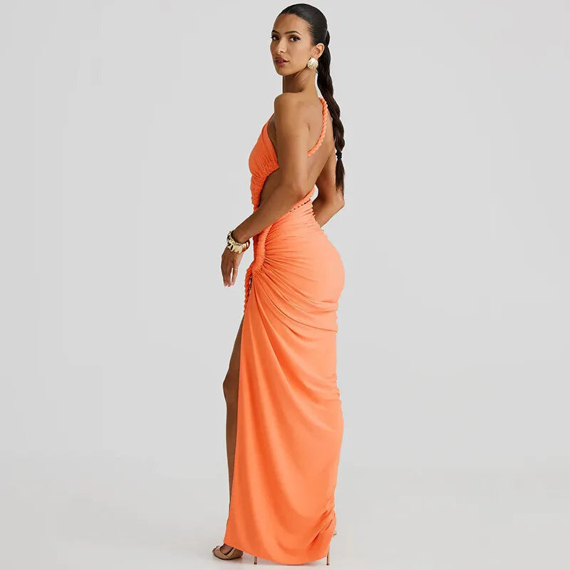 Cut Out Rope Design One Shoulder Slit Midi Dress