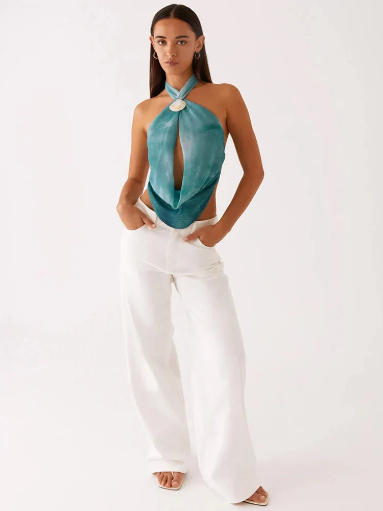 Blue Tie Dye Halter Deep Neck Top