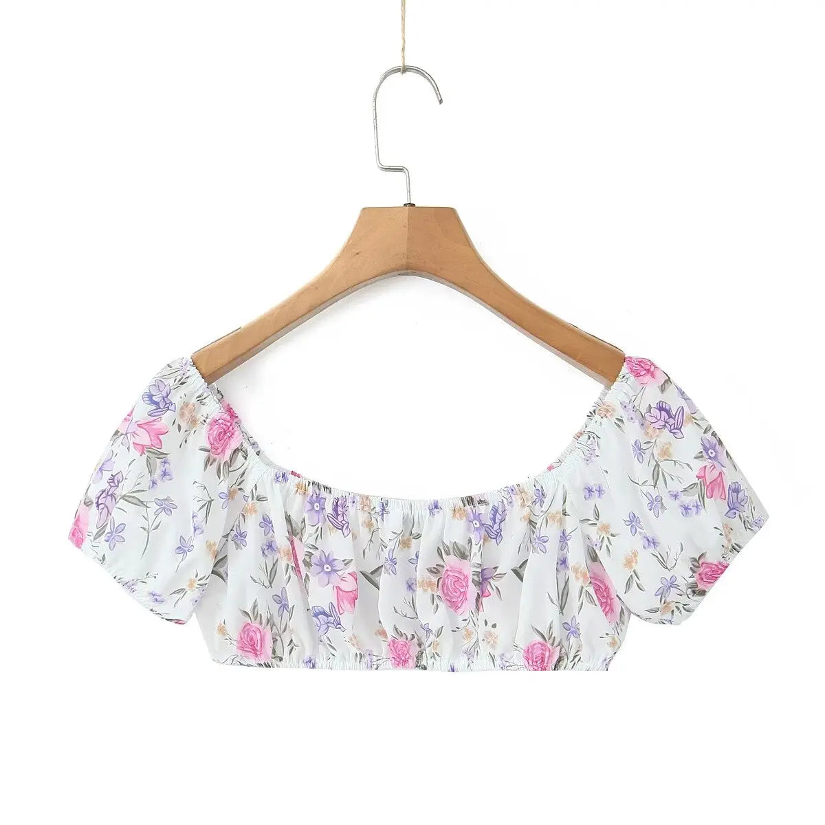 Printed Ruched Short Puff Sleeve Crop Top