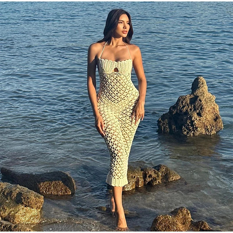 Summer Crochet Lace Up Halter Beach Robe