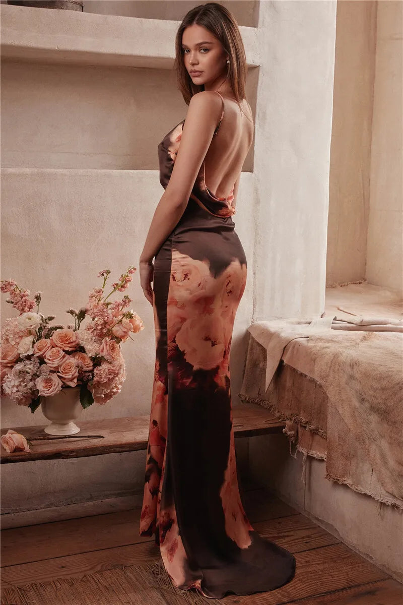 Brown Satin Floral Print Maxi Dress