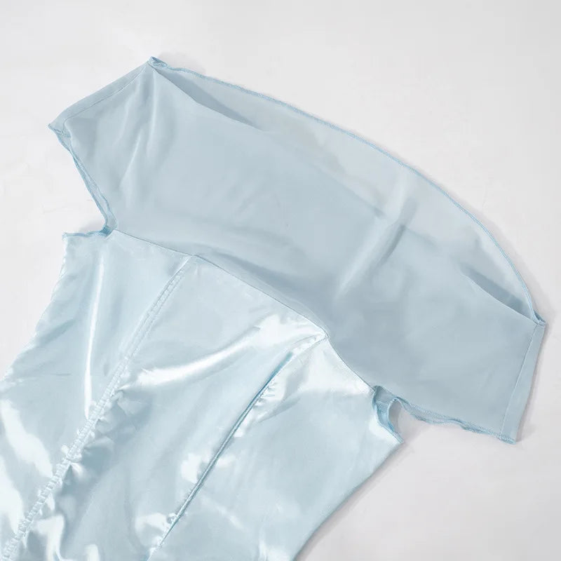 Blue Satin Corset Chiffon Off-shoulder Maxi Dress