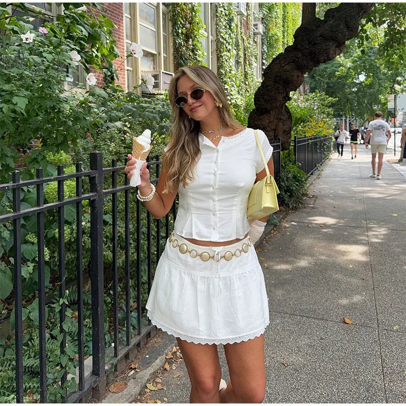 White Short Sleeve Top And Mini Skirt Set