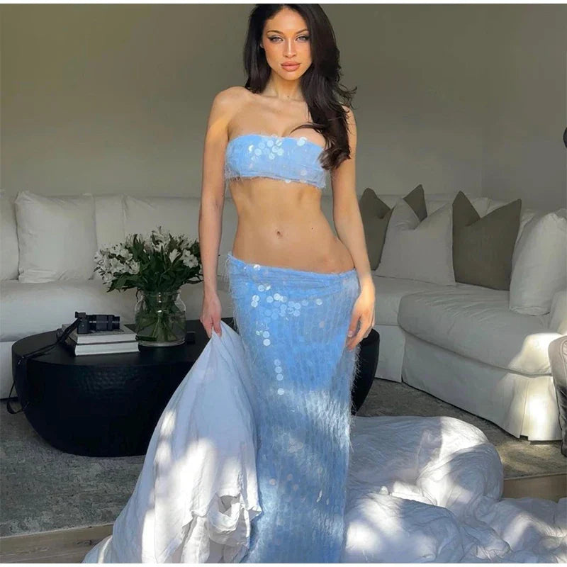 Blue Sequin Tube Top And Maxi Skirt