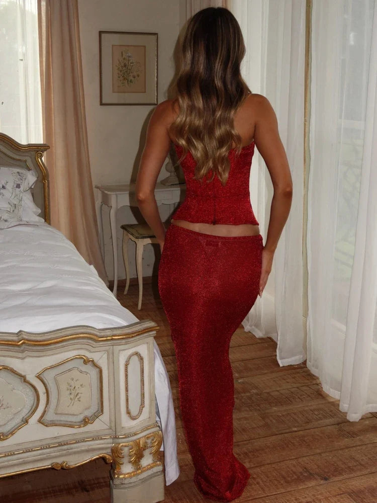 Red Flower 3d Tube Top And Maxi Skirt Two Piece Set