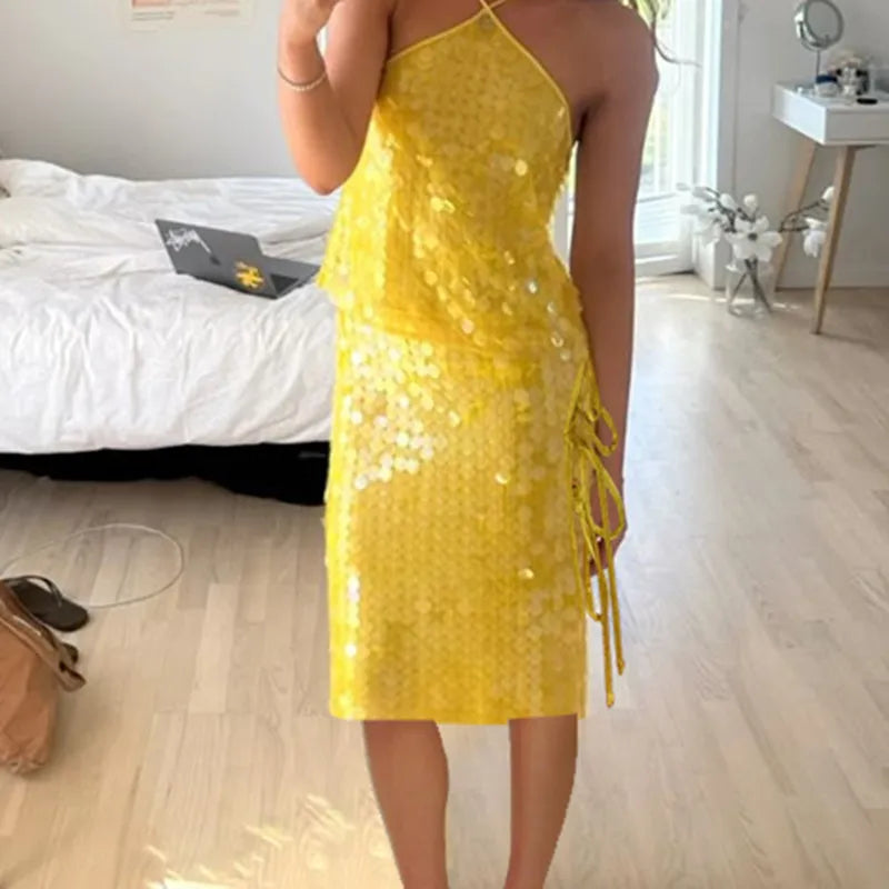 Sequin Side Split Tie Up Midi Skirt