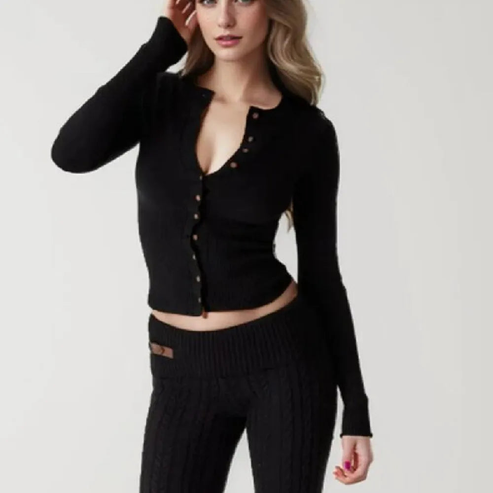 Knit Buttoned Long Sleeve Top And Pleated Mini Skirt