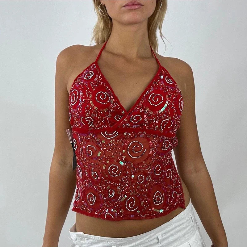 Sparkly V Neck Tie Back Sheer Crop Top