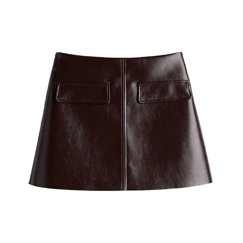 Burgundy Pu Leather Jacket And Mini Skirt