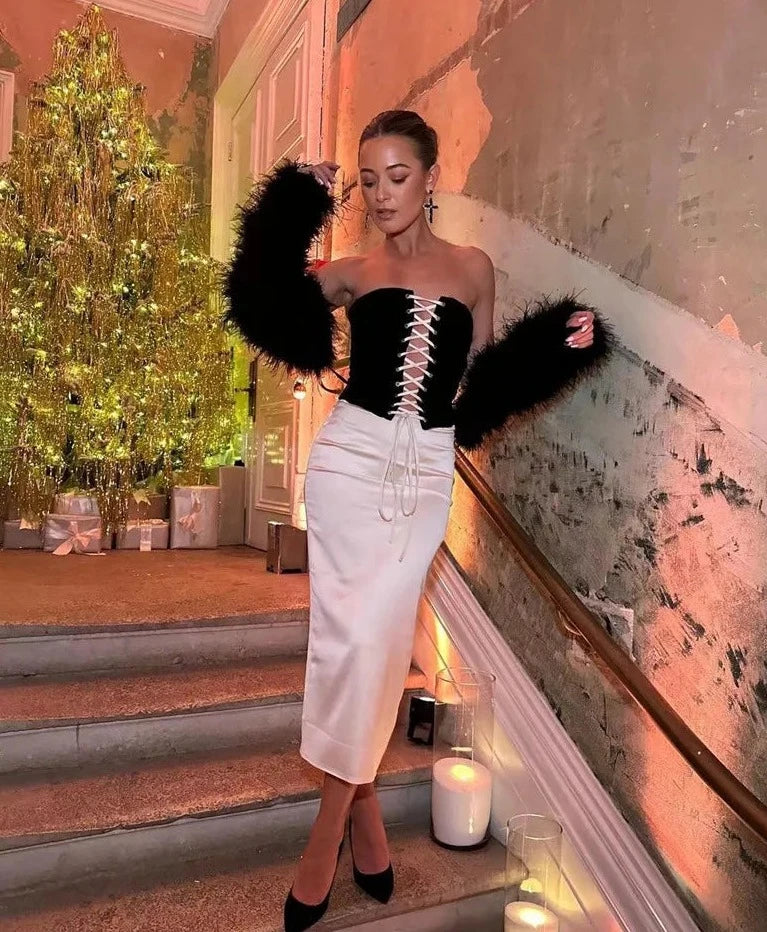 Black Lace Up Corset Top And White Satin Midi Skirt Set